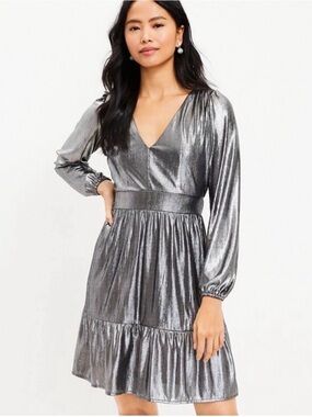 NWT Loft Metallic Silver V-Neck Long Sleeve Dress | Size: 14